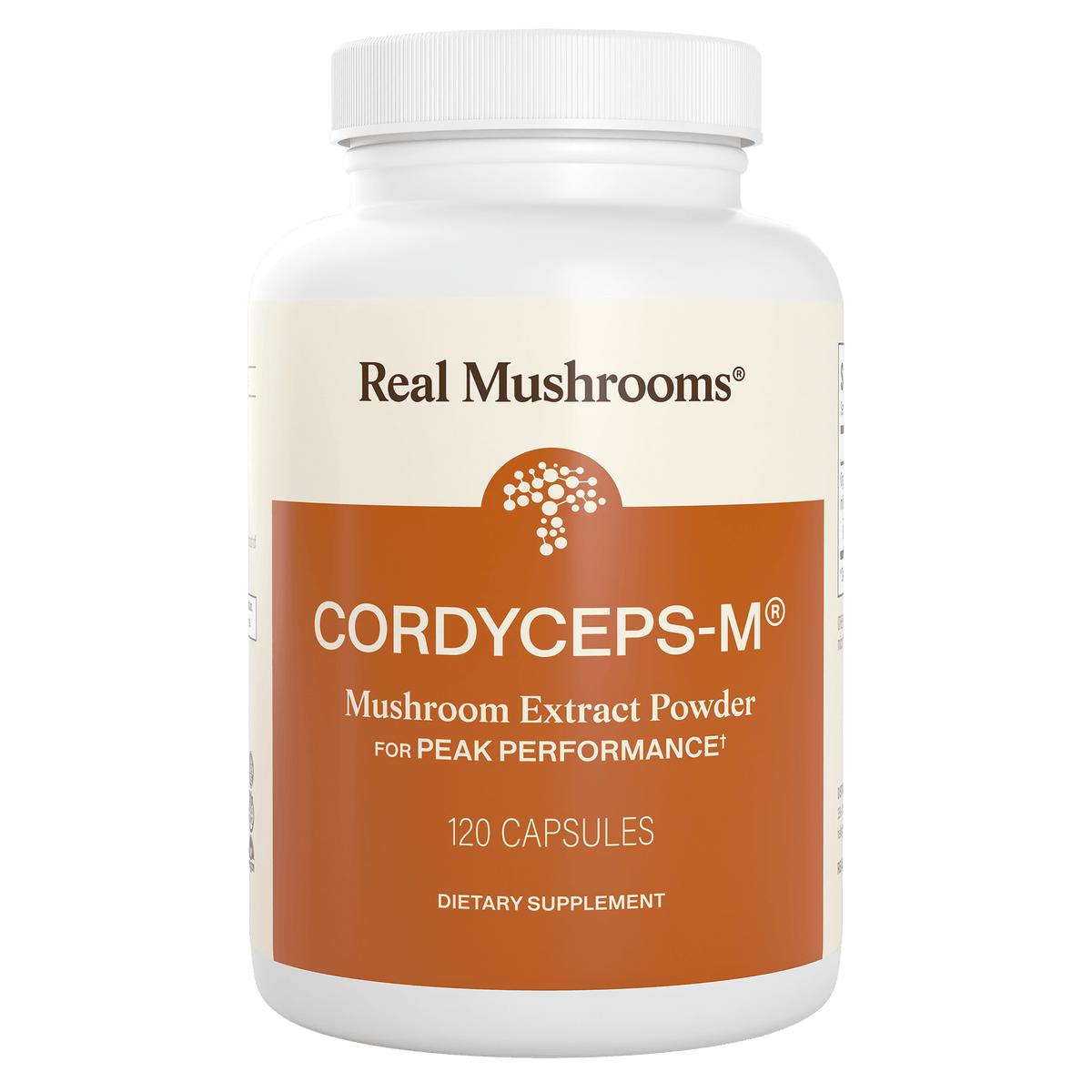 A white bottle labeled "Organic Cordyceps-M® Extract Capsules" by Real Mushrooms, containing 120 capsules for energy support and stamina.