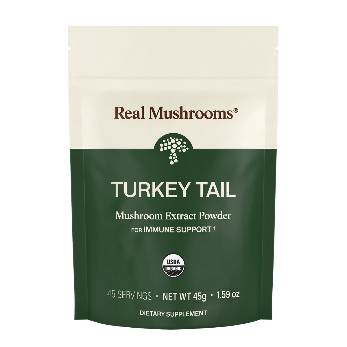 A 45g bag of Real Mushrooms Turkey Tail Extract - Bulk Powder, USDA organic dietary supplement from organic Turkey Tail mushrooms, labeled for immune support with 45 servings (1.59 oz).