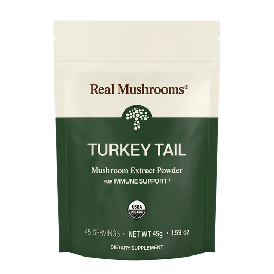 A 45g bag of Real Mushrooms Turkey Tail Extract - Bulk Powder, USDA organic dietary supplement from organic Turkey Tail mushrooms, labeled for immune support with 45 servings (1.59 oz).
