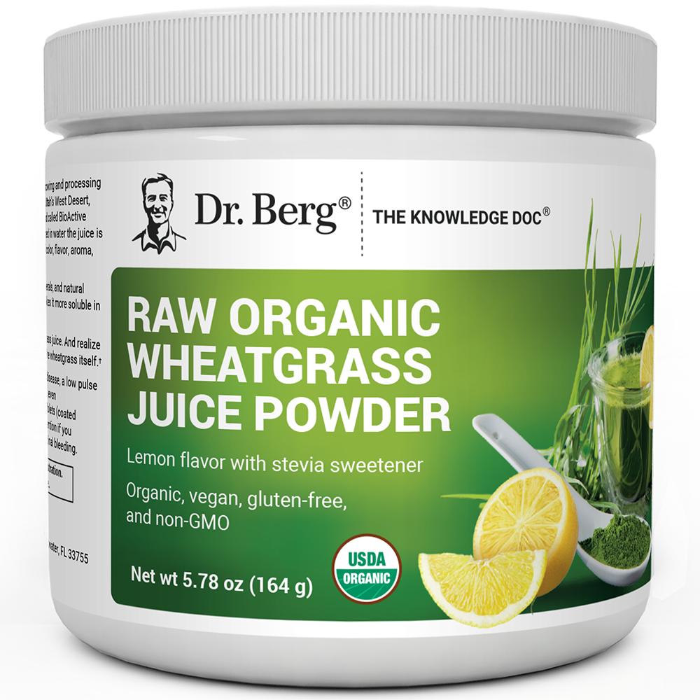 Raw Organic Wheatgrass Juice Powder Lemon Flavor, 5.78 ounces, front view, bottle with Dr. Berg branding and sliced of lemon on cover.