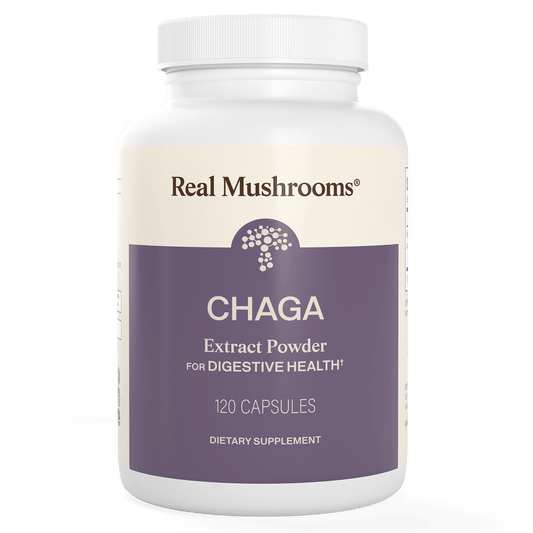 A white bottle labeled "Real Mushrooms Organic Chaga Extract Capsules," containing 120 capsules with beta-glucans from Chaga mushroom for digestive and immune support as a dietary supplement.